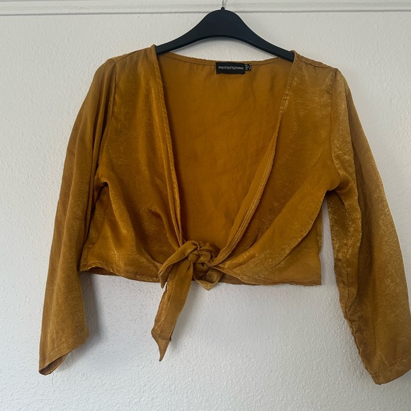 PrettyLittleThing Tops - PLT Satin Silky Tie Front Top Mustard Quarter Sleeve